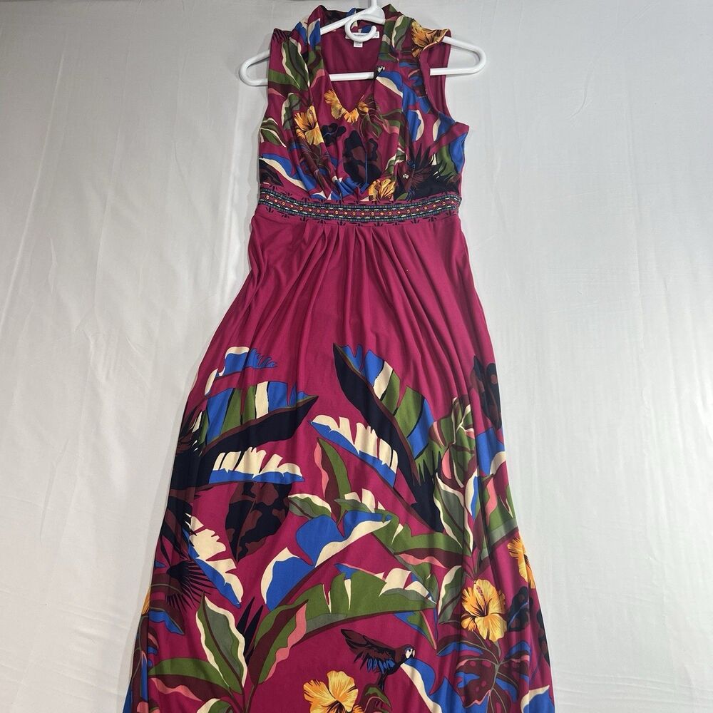 Chico’s Tropical Maxi Dress 00/2 XS Boho Resort V-Neck Floral Fuchsia Pink Lush
